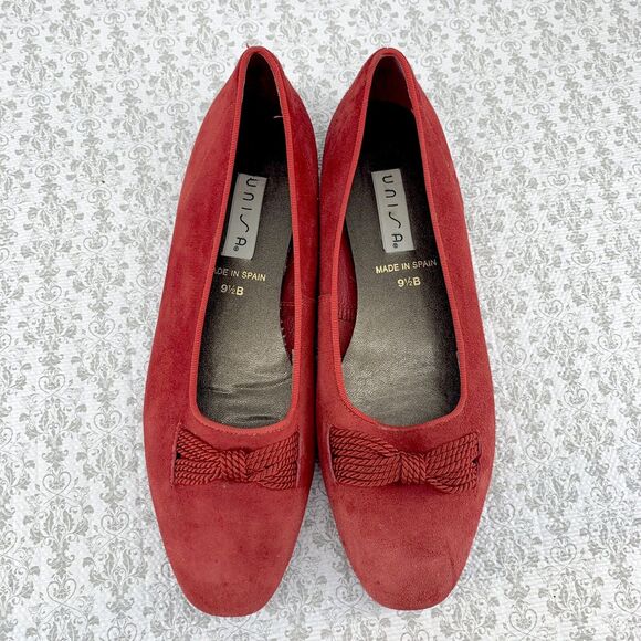 Vintage Unisa Womens Red Suede Flats Slip On Shoes Size 9.5B Roped Bow - Picture 2 of 16